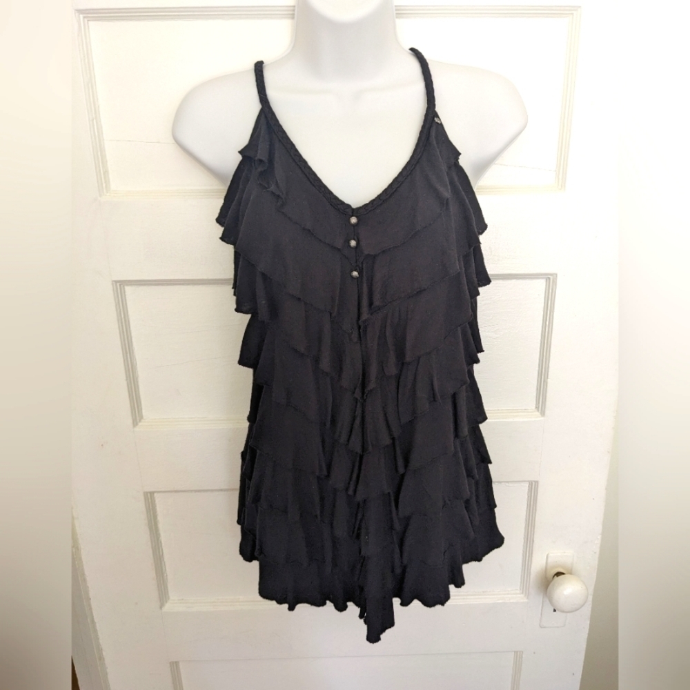 GUESS BLACK HALTER TOP STYLE RUFFLED TIERED TOP CAMI SLEEVELESS SIZE LAR…